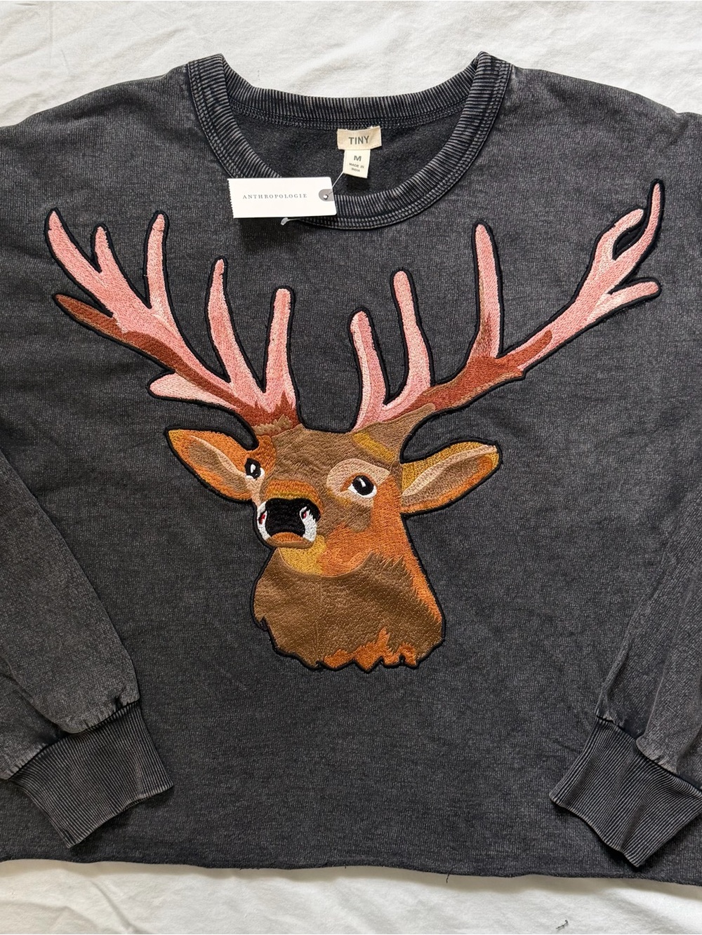 Anthropologie Tiny Embroidered Reindeer Crewneck Sweatshirt - NWT